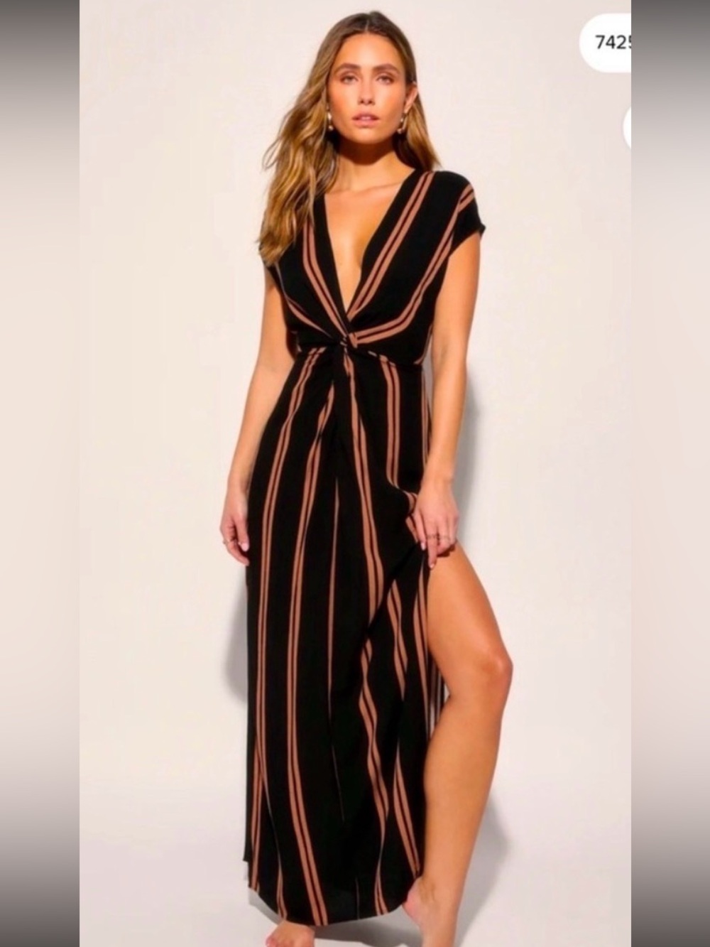 Lulu's Black Maxi Dress with Taupe Stripes